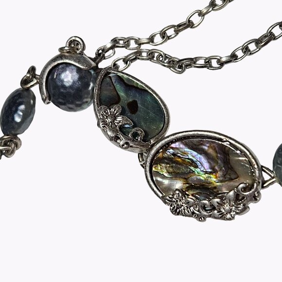 Vintage America Boho Abalone Shell Blue Beaded Statement Silver Tone Necklace - Picture 4 of 9